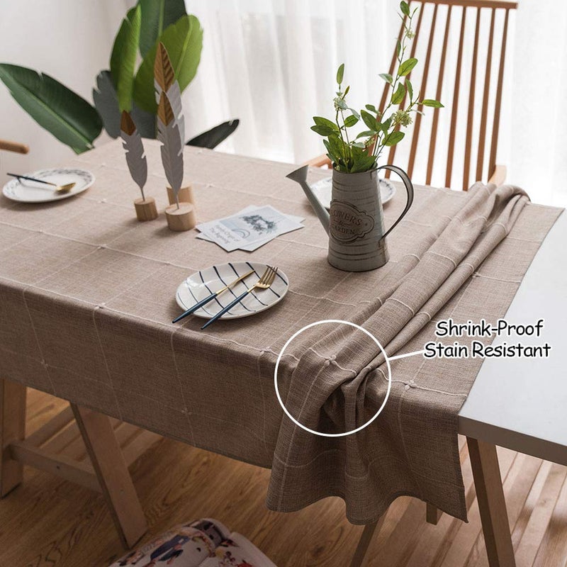 ColorBird Solid Embroidery Lattice Tablecloth Cotton Linen Dust-Proof Checkered Table Cover for Kitchen Dinning Tabletop Decoration (Rectangle/Oblong, 52 x 86 Inch, Linen) - Image 2